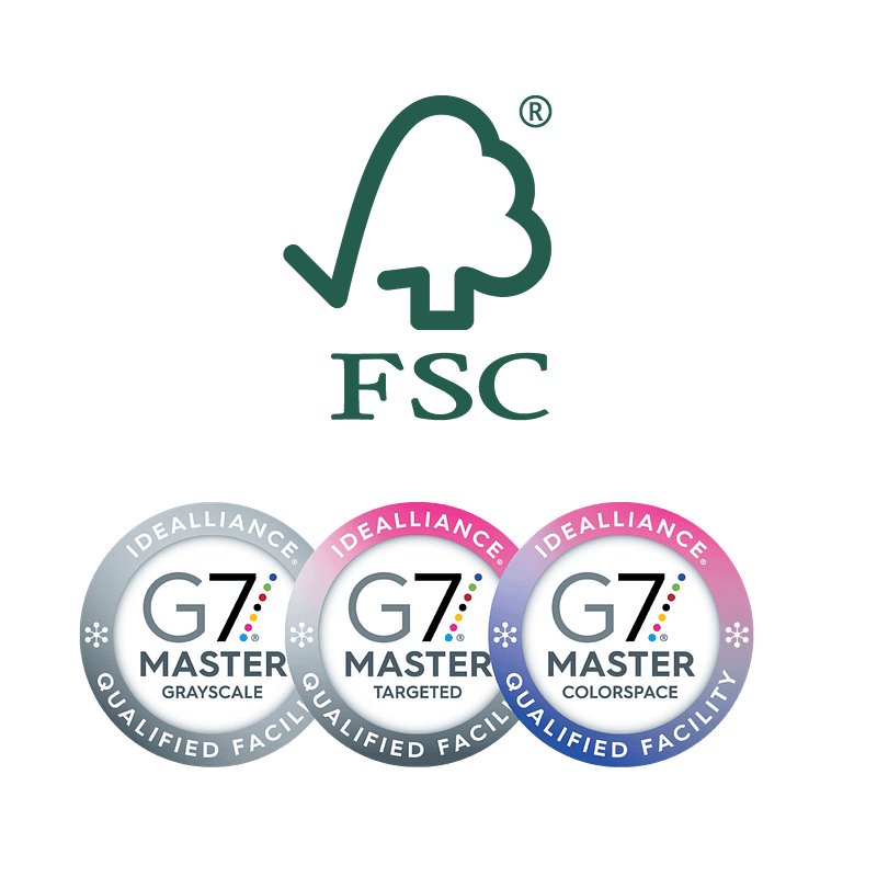 Sustainability logos for FSC and G7 Master for Direct Edge Media